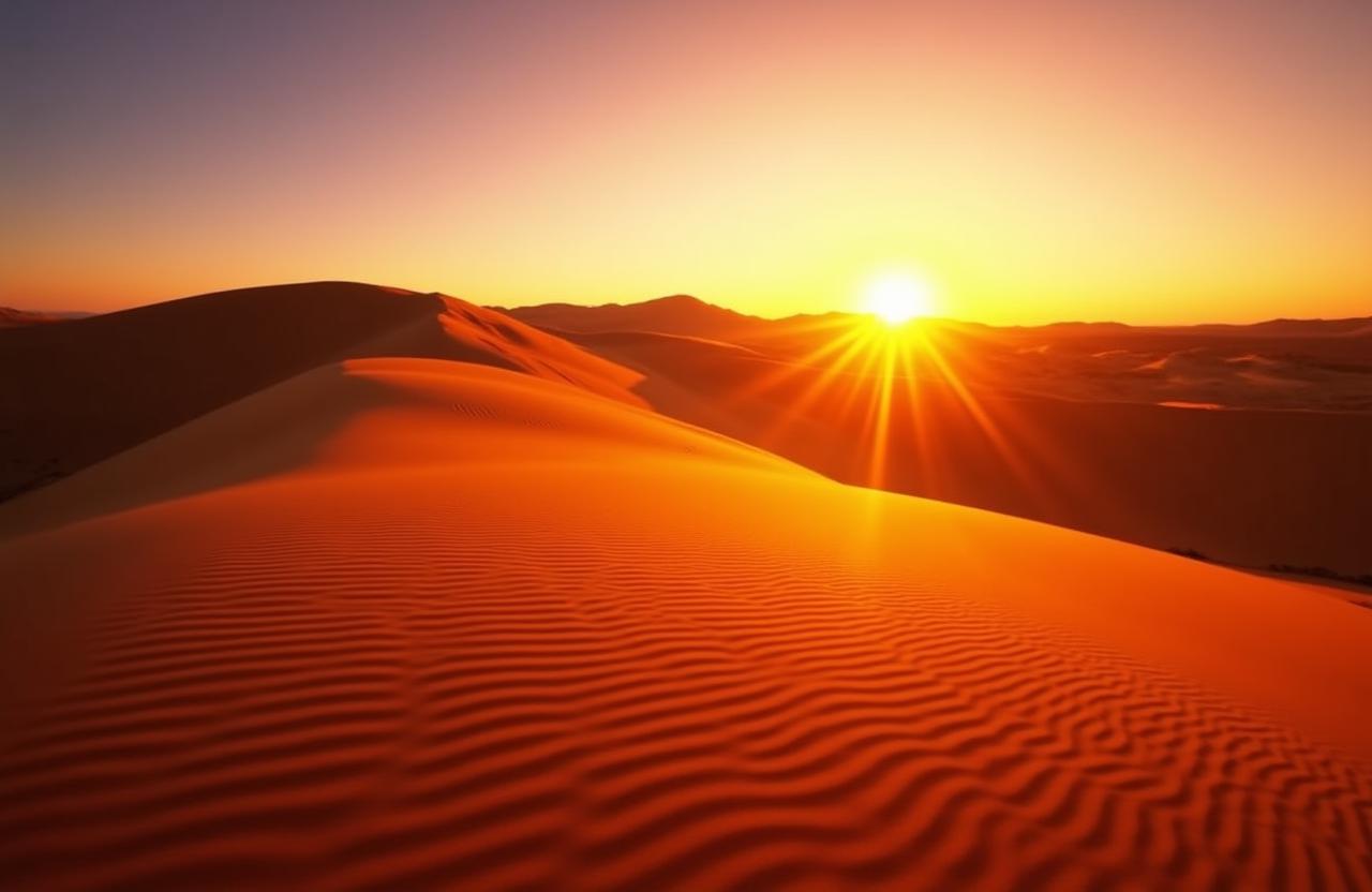 Maestose dune di sabbia dorata illuminate dalla luce calda del tramonto